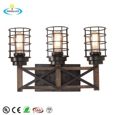 China Vintage Rustic Wall Lamp 3 Lights Living Room Bathroom Wood Vanity Light Industrial Metal Wire Cage Farmhouse Wall Sconces for sale