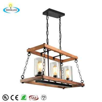 China Rustic 3 Light Metal Chandelier Modern Wood Chain Farmhouse For Kitchen Island for sale