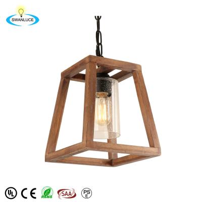 China Rustic Farmhouse Kitchen Wood Chandelier Light Fixture Glass Shade Pendant For Dining Room Farmhouse Hanging Pendant Light for sale