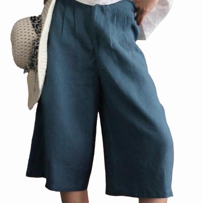 China QUICK DRY Durable High Waist 100%Linen Wide Leg Cropped Pants With Button Closure Design Casual Loose Pants for sale