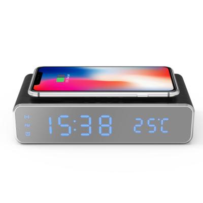 China Custom Mobile Phone Logo 10Watt Wireless Charger With LED Digital Alarm Clock for sale