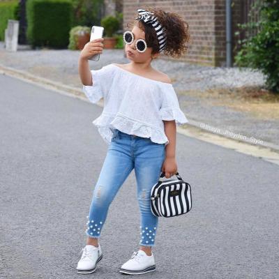 China 2020 Children's Autumn Casual Clothes Set Girls Lace Sleeve Shirt Beaded Slim Denim Pants Girls Set for sale