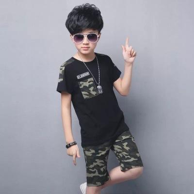 China Big Boys Summer Camouflage Pant Fashion Korean Short Sleeve Teen Casual Kids Clothing Sets for sale