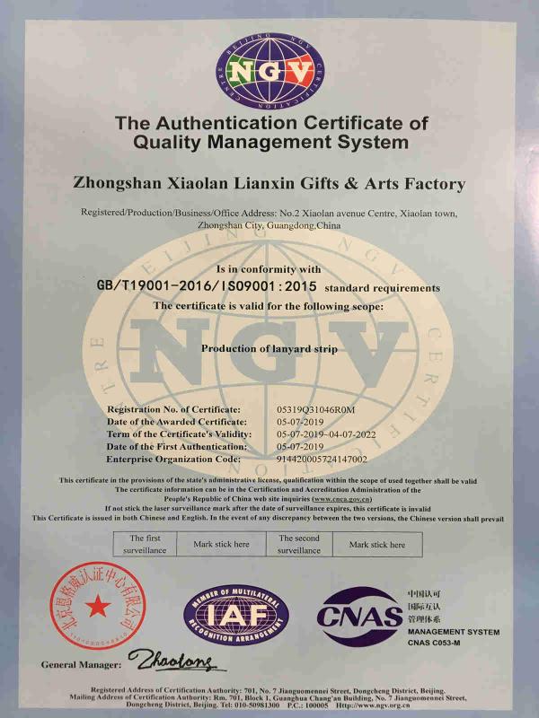 ISO9001 - Zhongshan Xiaolan Lianxin Gifts&Crafts Factory