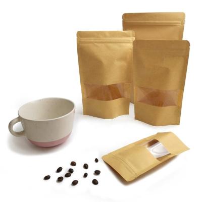 China Custom Recyclable Stand Up Pouch Ziplock Brown Kraft Paper Bag For Coffee Packaging With Frosting Window Food Packaging Pouch for sale