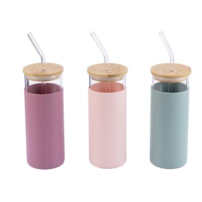 China WITH LID eco-friendly clear glass tumbler with straw and wooden lid colored glass tumbler for sale