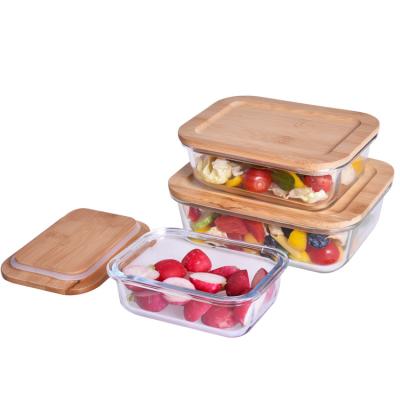 China Borosilicate Glass Food Storage Container Eco-friendly Microwavable Glass Food Container With Bamboo Wood Lid for sale