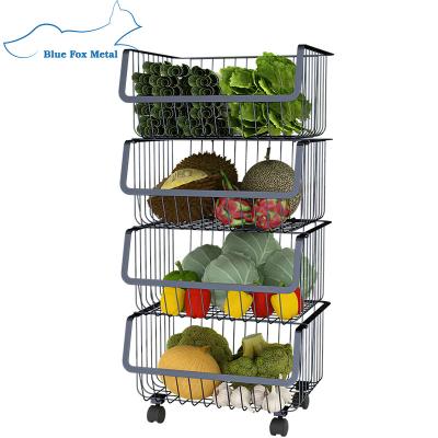 China Sustainable Metal Kitchen Fruit Vegetable Storage Rack With Lockable Casters Rolling Stackable Basket for sale