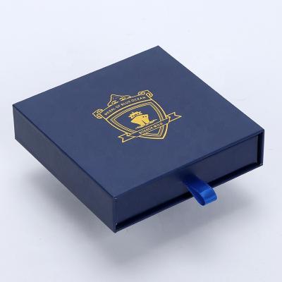 China Blue Recyclable Luxury Cardboard Jewelry Packaging Box Logo Ring Necklace Paper Jewelry Boxes Custom Made With Gold Hot Stamping for sale