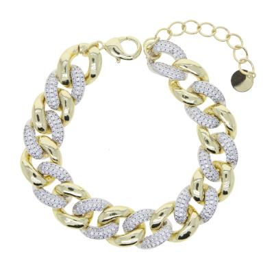 China Trendy 18K Gold Plated Diamond Jewelry Micro Bling Pave Cuban CZ Link Chain Women Bracelet for sale