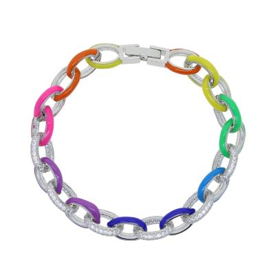 China Hiphop Rainbow Fashion Women Jewelry Colorful Neon Enamel Oval CZ Rolo Chain Women Bracelet for sale