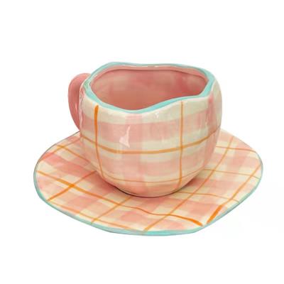 China Stocked Ceramic Coffee Mug Set 7OZ Hand Pink 7OZ Coffee Cup and Saucer Set for sale