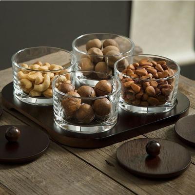 China Glass Fruit Plate and 4 Jar Glass Snack Container Set on Wooden Plate with Lid Plate for sale