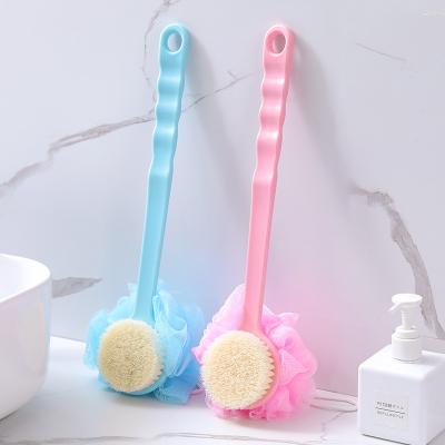 China Sustainable Long Handle Colorful Plastic Soft Bath Brush Hanging Bath Ball Back Brush Double Sided Exfoliating Shower Brush for sale