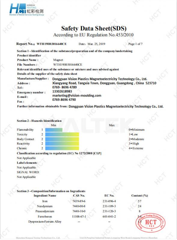 MSDS - Dongguan Vision Plastics Magnetoelectricity Technology Co., Ltd.