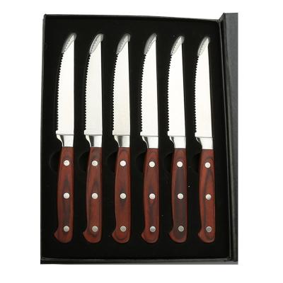 China Viable Hot Selling High Quality Kitchen 6 Pieces Forged Steak Knife Set With Rose Wood Handle Triple Rivets for sale