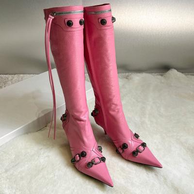 China Fashion Design Lightweight Boots Shoes Pointed Toe Rivets Buckle Knee High Boots High Heel For Women Zipper Custom Shoes for sale