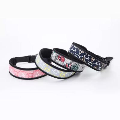 China Design Pu Padded Luxury Printed Leather Breathable Wide Pet Collar For Medium And Large Dogs for sale