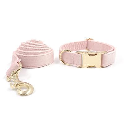 China Luxury Padded Pink Velvet Dog Leash Collar Set With Gold Metal Buckle for sale