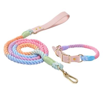 China New Design Pet Cotton Rope Gradient Color PU Dog Collar And Leash Set DETACHED Woven Leather Supplies for sale