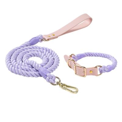 China New Design Soild DETACHED Color Handwoven Cotton Rope And PU Leather Dog Leash Collar Set With Hardware for sale