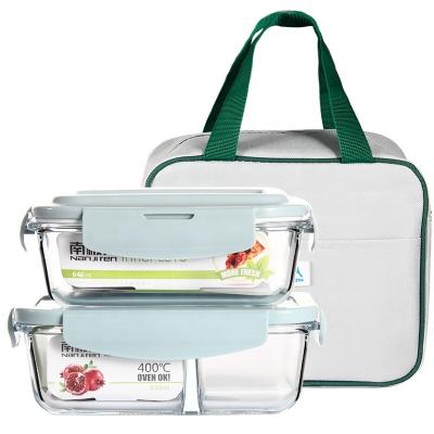 China 2 Piece Microwavable Meal Storage Airtight Food Containers Set Packaging Portable Microwave Bento Glass Lunch Box With Bag for sale