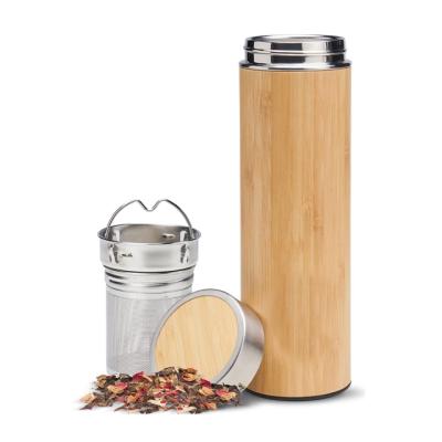 China Sustainable Premium Bamboo Thermos With Tea Infuser Strainer Vacuum Insulated Stainless Steel Travel Tea Tumbler Infuser Bottle for sale