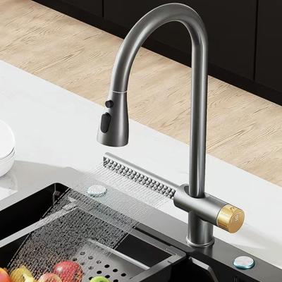 China 360 Degree Gunmetal Silver Black Waterfall Stainless Steel Electric Faucets Pull Out Spray Kitchen Sink Faucet for sale