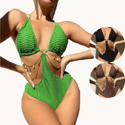 China Anti-Bacterial RUIYI Solid color Bikini chain sexy custom one piece swimwear fashion bathing suits chain bikini for sale