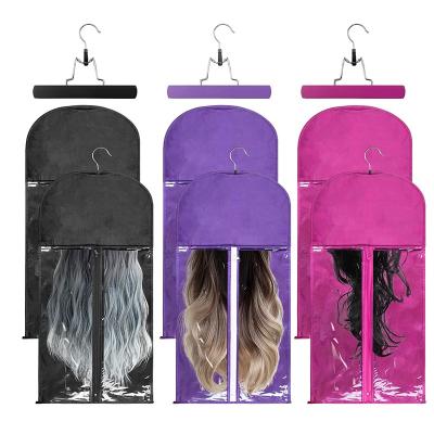 China Reusable Wholesale Satin See Pink Packaging Wig Storage Bag Hair Rack Wig Bags Storage Hanger for sale