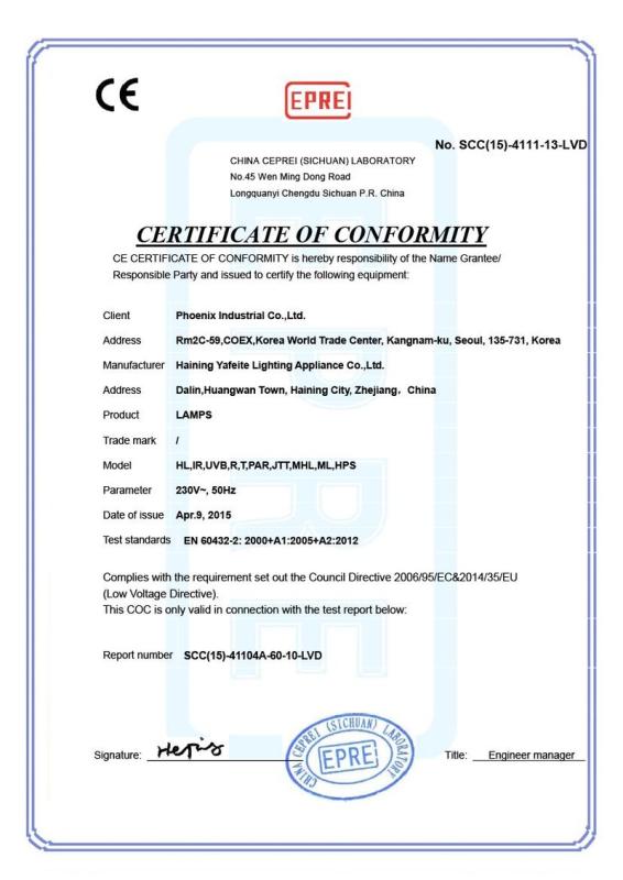 CE - Haining Yafeite Lighting Appliance Co., Ltd.