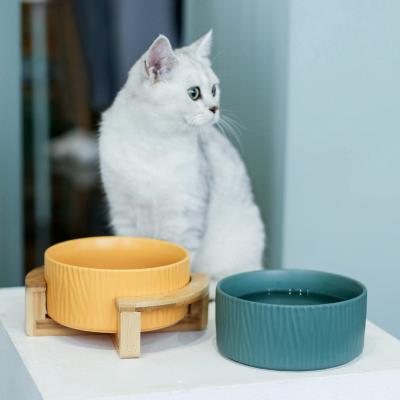 China Luxury Non-automatic Cat Food Bowl Wholesale Dog Food Bowl 16cm Wooden White Ceramic Pet Bowl for sale