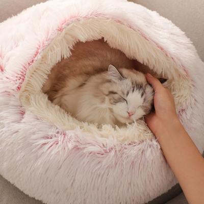 China Cooling Latest Design Soft And Comfortable Crystal Partially Enclosed Warm Bed Velvet Pet Round Cat Bed for sale