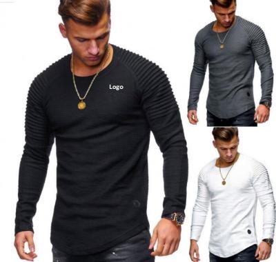 China 2021 Viable Wholesale Custom Fit Men's Pleated Striped Gym Slim Fit Solid Color OEM Long Sleeve T-Shirt for sale