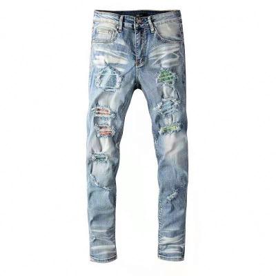 China High Street New Amazon Breathable Hot Selling Jeans Denim Diamond Patchwork Men Skinny Lattice for sale