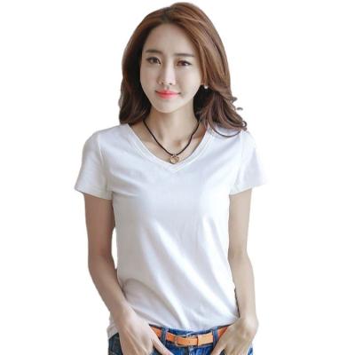 China Factory Sale Summer Anti-Shrink Spring Neck Short Women's Casual Solid Women's T-Shirts V Sleeve T-shirt Slim Fit Tops for sale