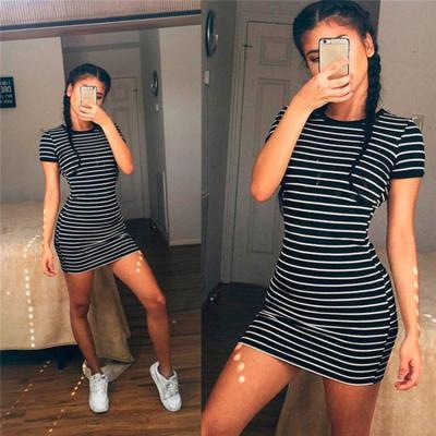 China Factory Sale Anti-Static Summer Round Neck Dress Women Stripe Black And White Casual Elegant Sheath Short Dress Slim Sleeve Dress for sale