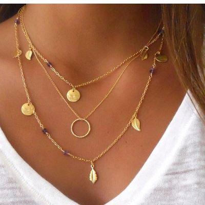 China New Factory Sale Trendy Fashion Gold Silver Color Chain Leaves Multi Layer Pendant Necklace For Women Fashion Jewelry for sale