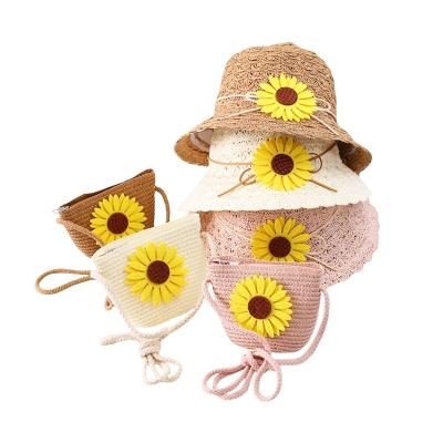 China Fashion Summer Children's Sun Hat Straw Hat Eco-friendly Bag Set Sunscreen Big Brim Foldable Flower Hat For Girl for sale