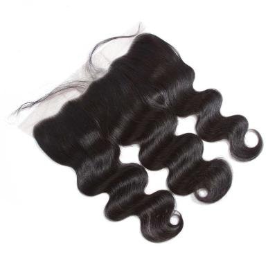 China Wholesale Curly Body Wave Brazilian Virgin Hair Free Middle Part Ear To Ear Natural Black Pre Plucked 13x4 Lace Frontal Piece for sale