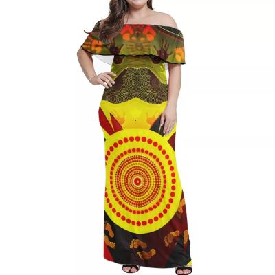 China Anti-Static Australian Native Native Flag With Footprint Style Printed Ladies Off The Shoulder Dress Custom Women's Dress Print On Request for sale