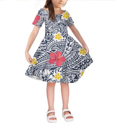 China Polynesian Anti-wrinkle Traditional Samoa Tribal Child Blue Custom Dress Little Girl's Casual Princess Dress Flora Style Printed Girl Clothing for sale