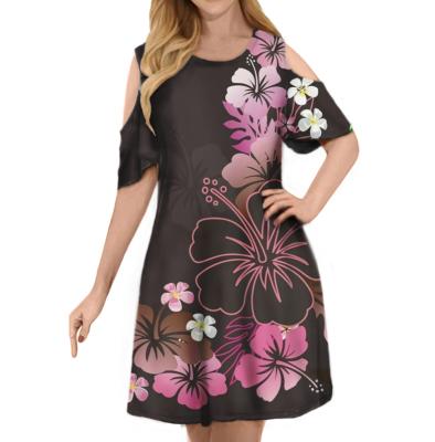 China Polynesia Samoa Hibiscus Anti-wrinkle women's traditional tribal style printed off shoulder elegant sleeve dresses custom made short dress ladies for sale