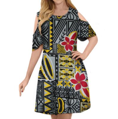 China Anti-Wrinkle Gray Polynesia Samoa Tribal Plumeria Fabric Style Printed Women Off The Shoulder Tall Sleeve Waist Dress Custom Made Ladies Short Dress for sale