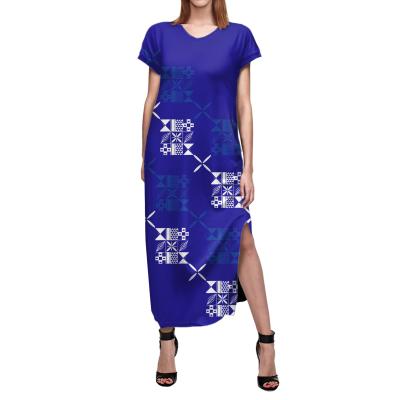 China Custom Polynesian Samoan Tribal Design Anti-wrinkle 1 MOQ Premium Women Split Long Dress Short Sleeve Dress for sale