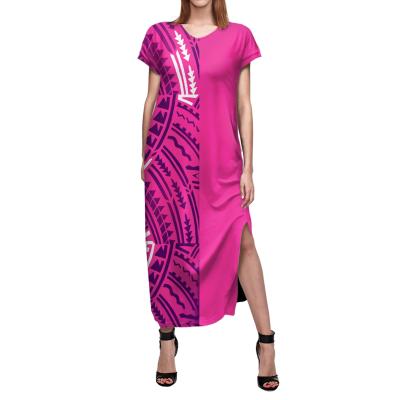 China Anti-wrinkle Accept Custom Style Female Personality Dress Polynesian Island Design Plumeria Print Women Short Sleeve Long Dress for sale