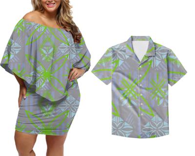 China Anti-Static Drop Shipping Custom Polynesian Samoan Tribal Design Off The Shoulder Dress Match Mens Shirts Couple 2 Pcs for sale