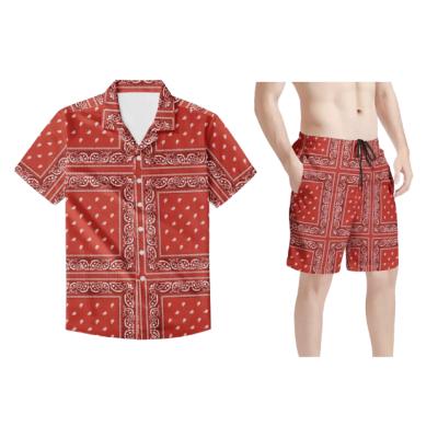 China Anti-pilling Men Beach Shorts and Shirts Set Paisley Bandana Patchwork Red Color Printed Custom Clothing Men Beach Wear Casual Suit for Beach for sale