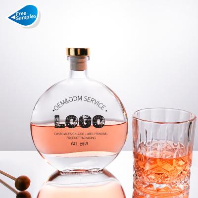 China Free Sample 100ml 250ml 500ml Beverage Liquor Glass Bottles Rum Tequila Round Shape Vodka Gin Glass Bottle With Cork Flat Lid for sale