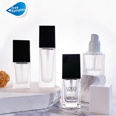 China Wholesale 20ml 30ml 35ml 45ml Cosmetic Clear And Frosted Glass Lotion Bottle Sunscreen Lotion Bottle Square Shape With Pump And Press Cap for sale